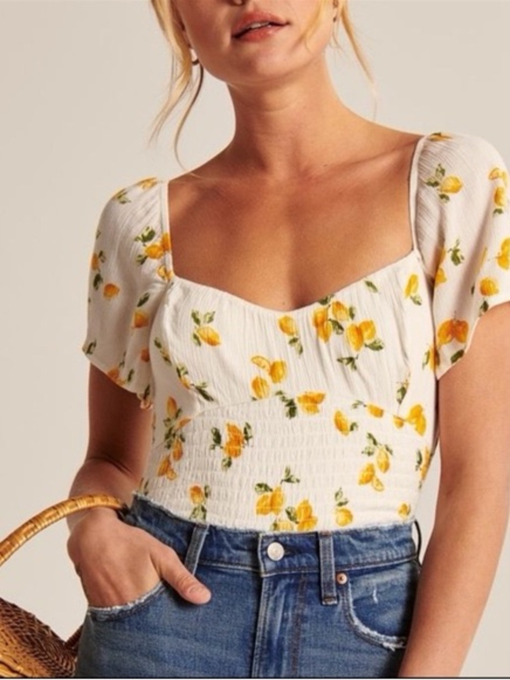 Abercrombie & Fitch Lemon Floral Smocked Crop Top XL NWT
